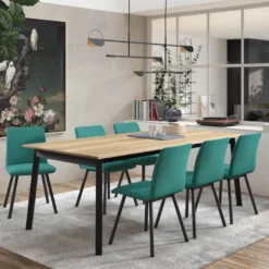 Bérénice Table extensible en mélaminé chêne naturel avec pieds en métal noir