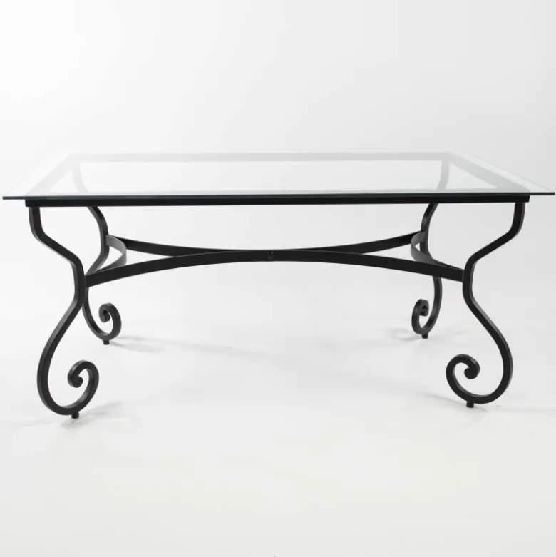 Damasco Table style provençal plateau verre avec pieds en acier
