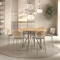 Ritmo Tabouret snack vintage dossier en cannage avec assise tissu