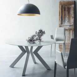 Zoe Table ronde design extensible en verre extralight blanc et métal